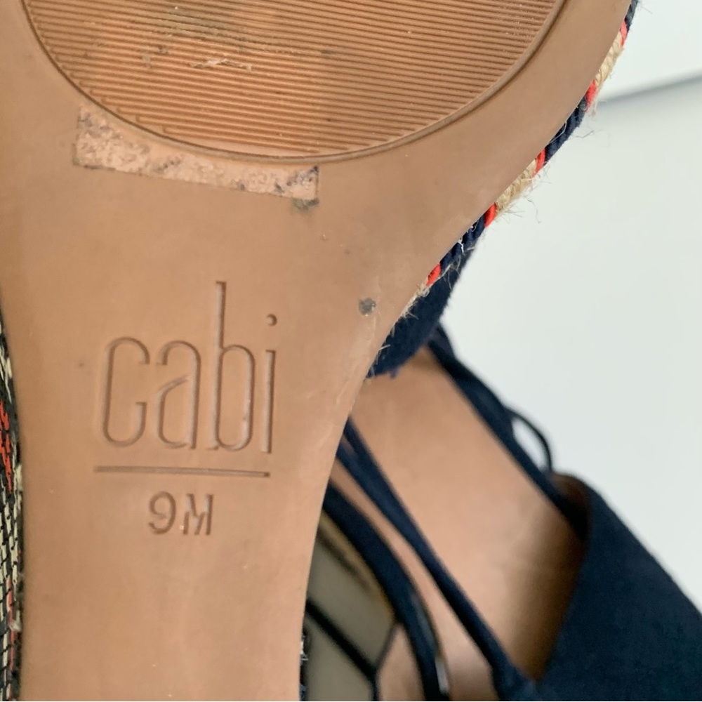 CAbi Isla Wedge Sandals Size 9M Navy Blue Ikat Suede Ankle Tie Tassels - Picture 10 of 11